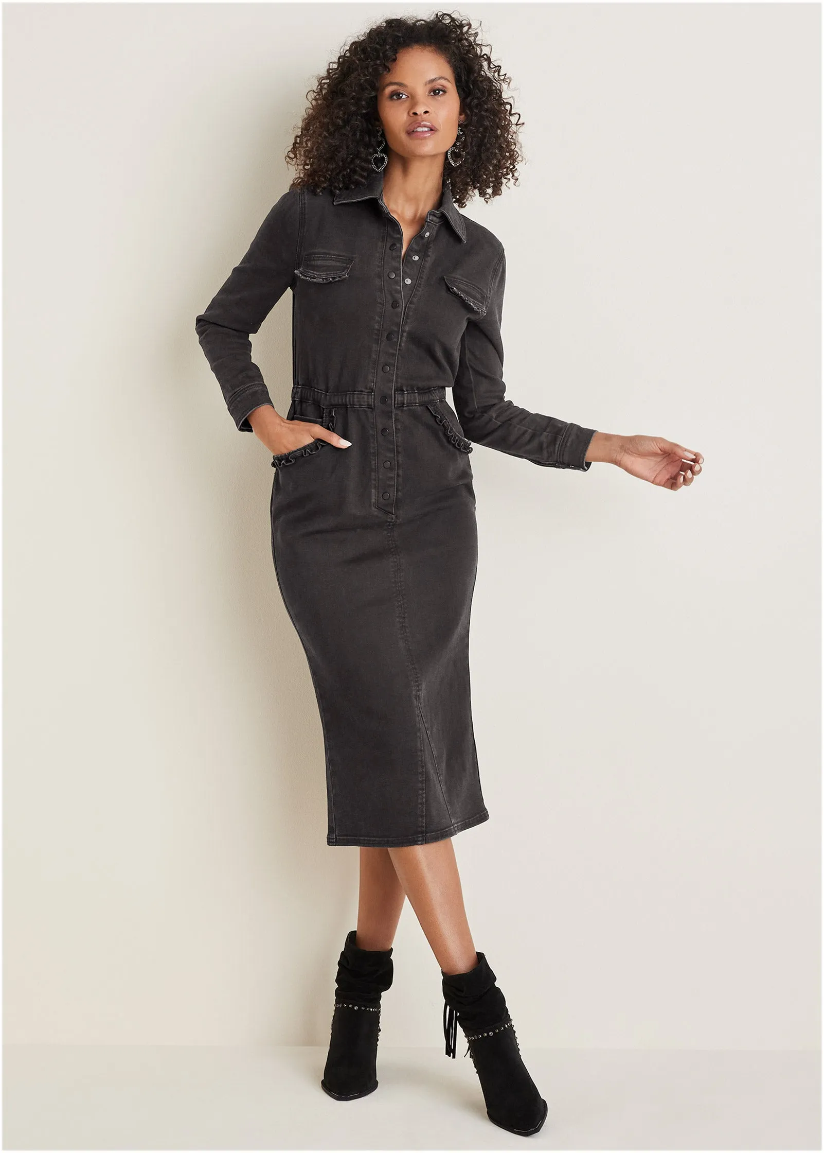 Ruffle Denim Midi Dress - Black Wash sold by VENUS product image thumbnail 5