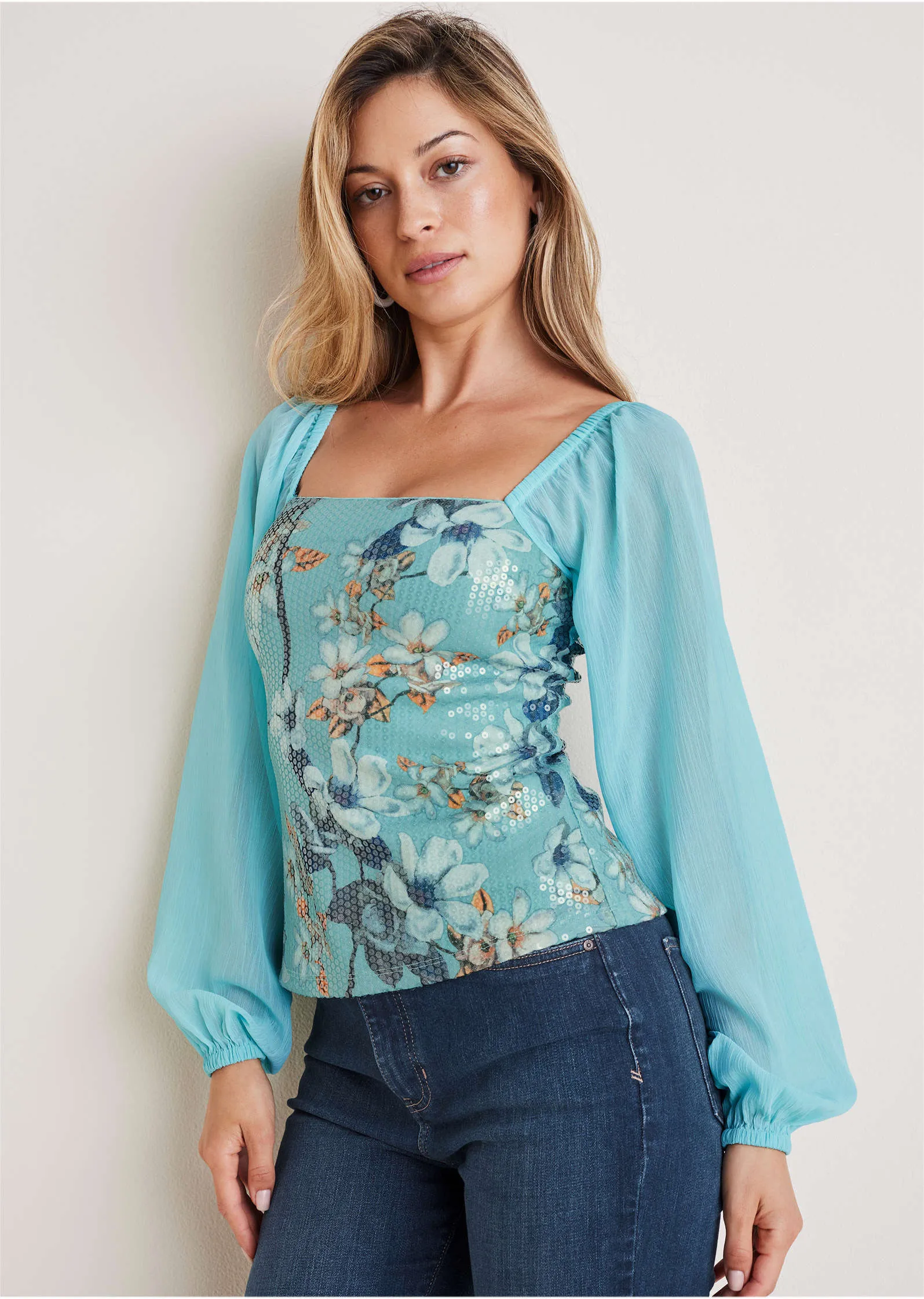 Opulent Sequin Blouse - Light Blue Multi sold by VENUS