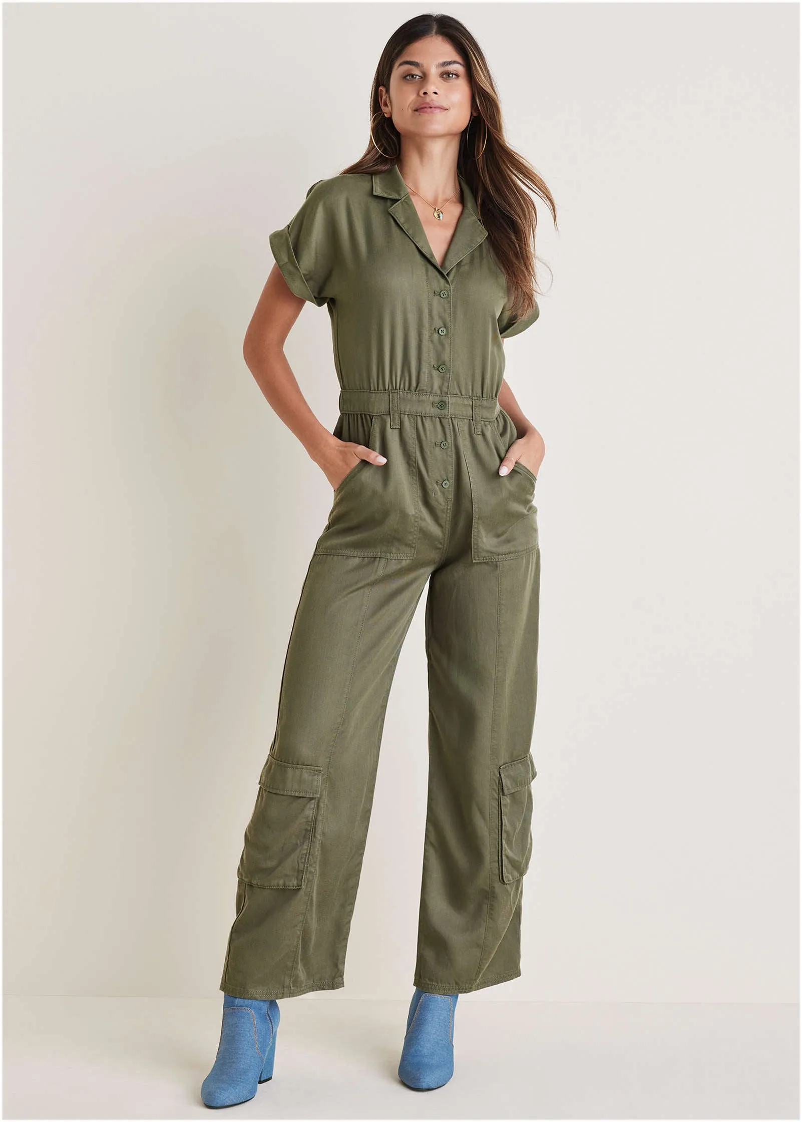 Cargo Utility Jumpsuit - Olive sold by VENUS