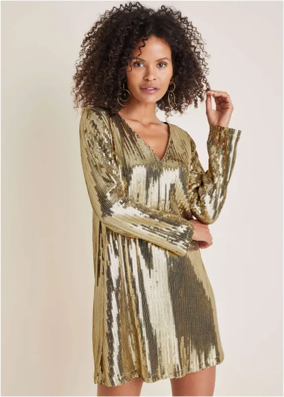 Sequin Long-Sleeve Mini Dress - Gold sold by VENUS