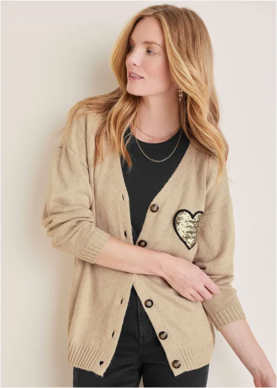 Sequin Heart Cardigan - Oatmeal Multi sold by VENUS