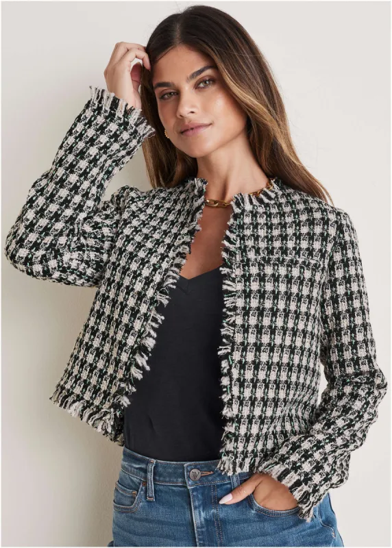 Collarless Tweed Jacket - Black Multi sold by VENUS