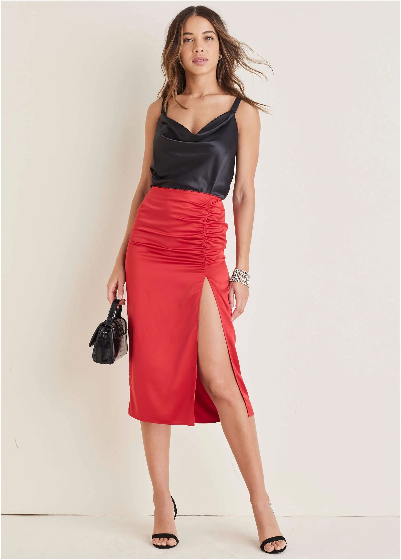 Ruched Detail Midi Skirt - Equestrian Red sold by VENUS