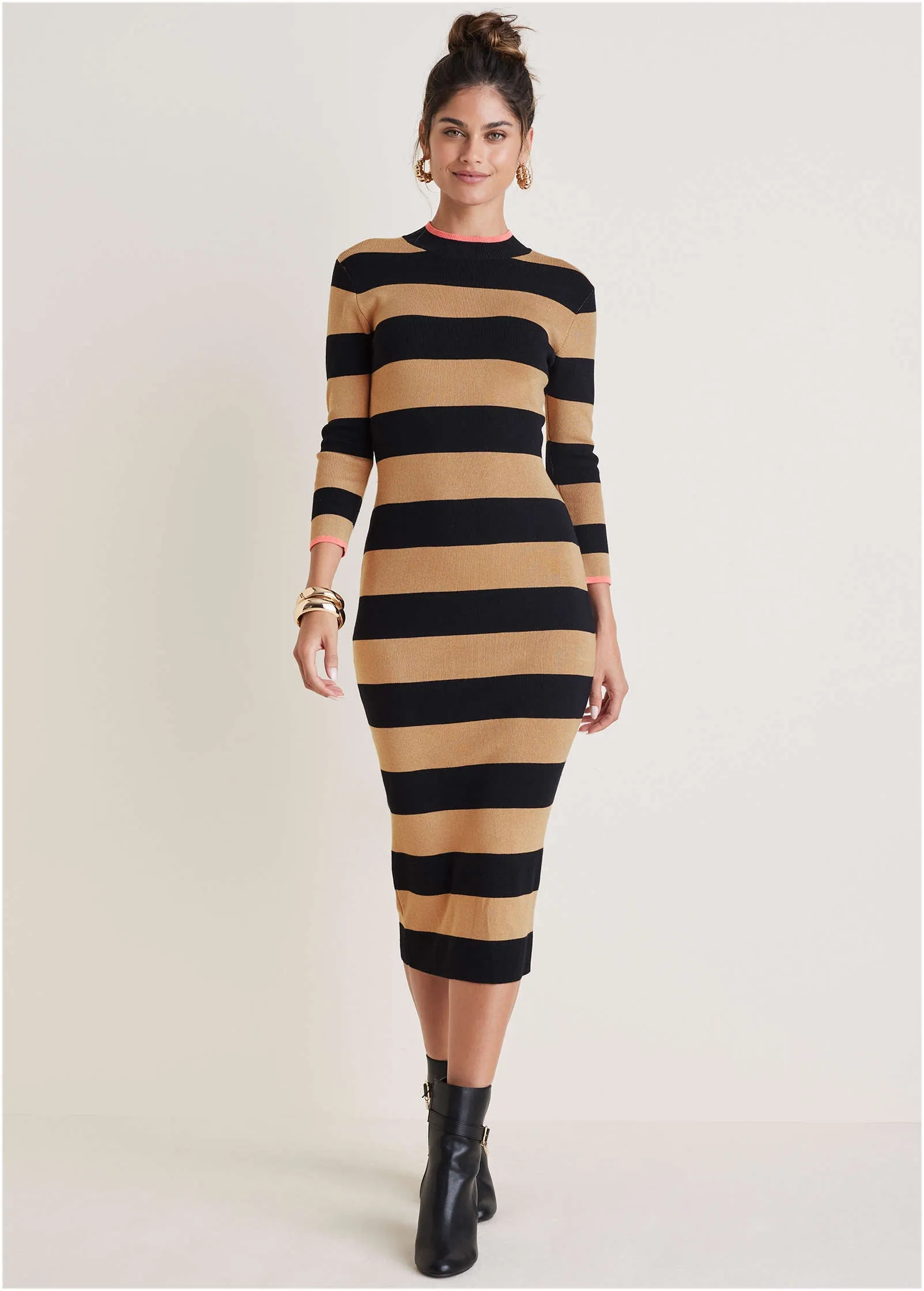 Stripe sweater midi dress - Black & Tan sold by VENUS