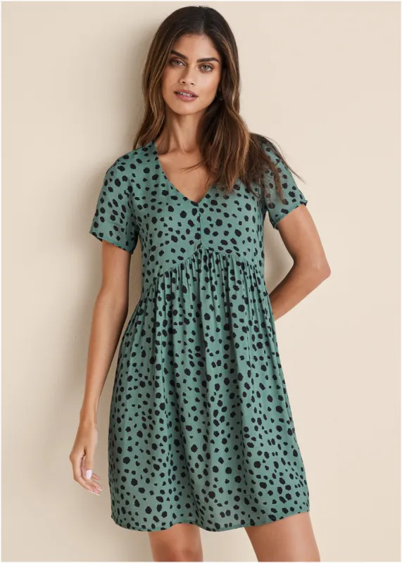 Printed V-Neck Dress - Green & Black sold by VENUS