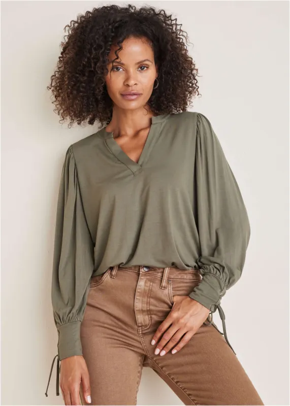 V-Neck Puff Sleeve Top - Olive sold by VENUS
