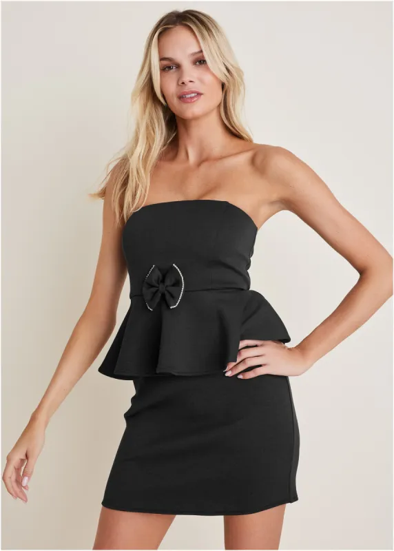 Rhinestone Bow Detail Mini Dress - Black sold by VENUS