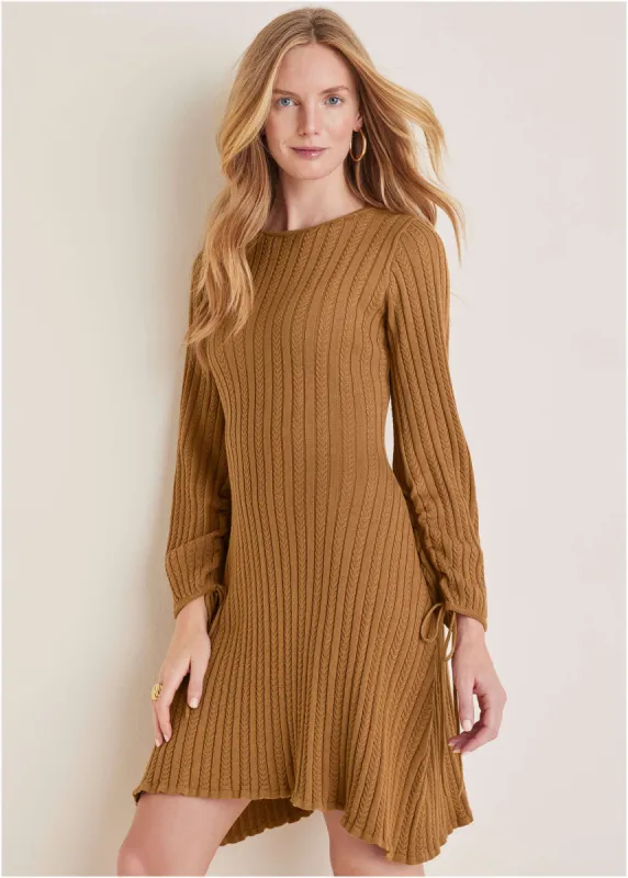 Tie Detail Sweater Mini Dress - Hazelnut sold by VENUS