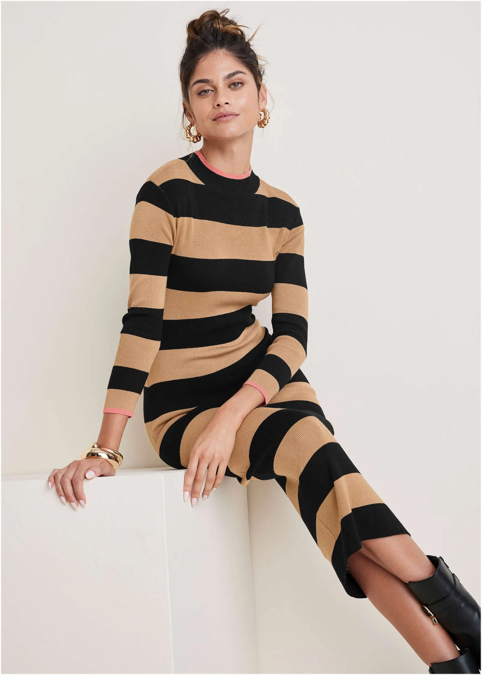 Stripe Midi Sweater Dress - Black & Tan sold by VENUS