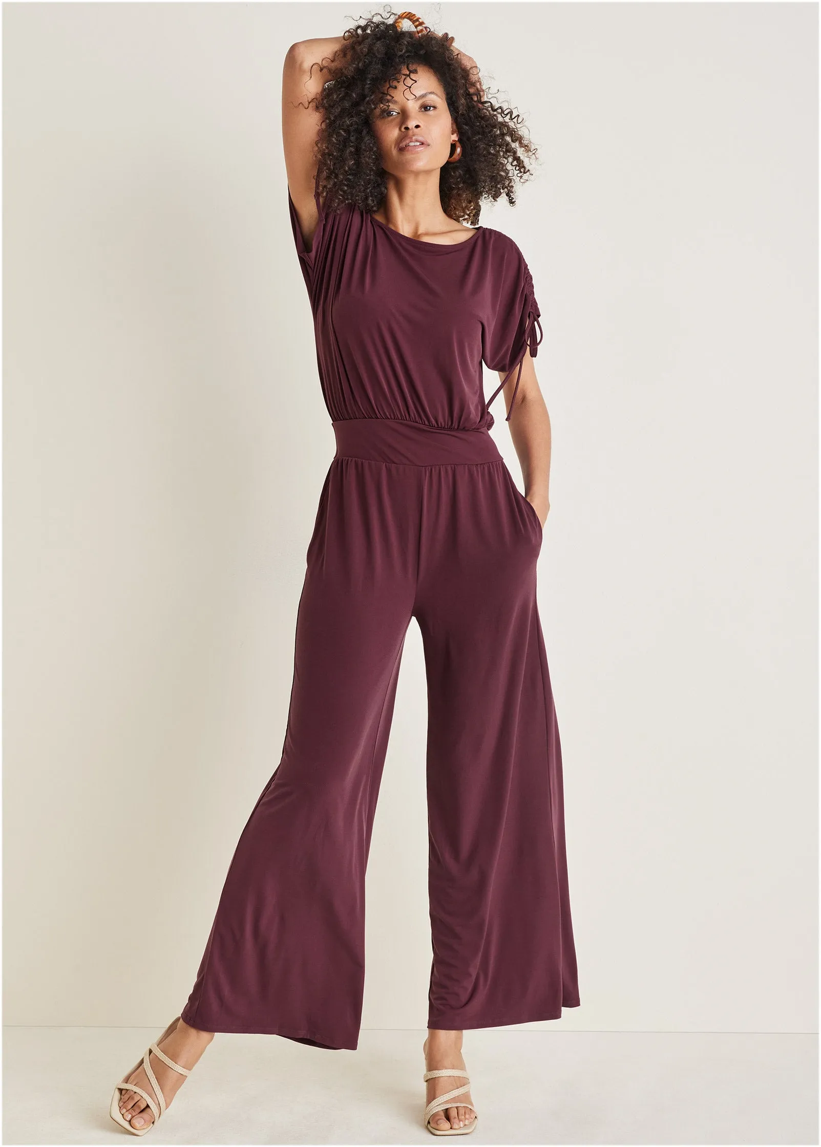 Shoulder Detail Wide Leg Jumpsuit - Wine sold by VENUS