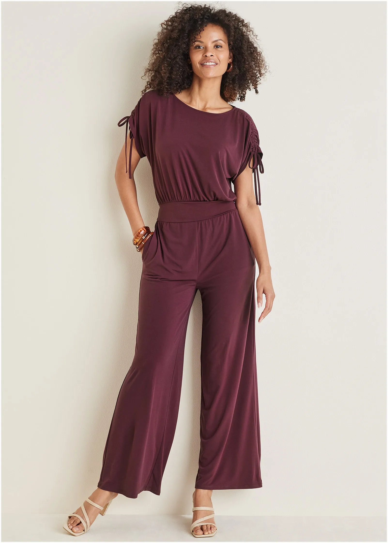 Shoulder Detail Wide Leg Jumpsuit - Wine sold by VENUS product image thumbnail 5