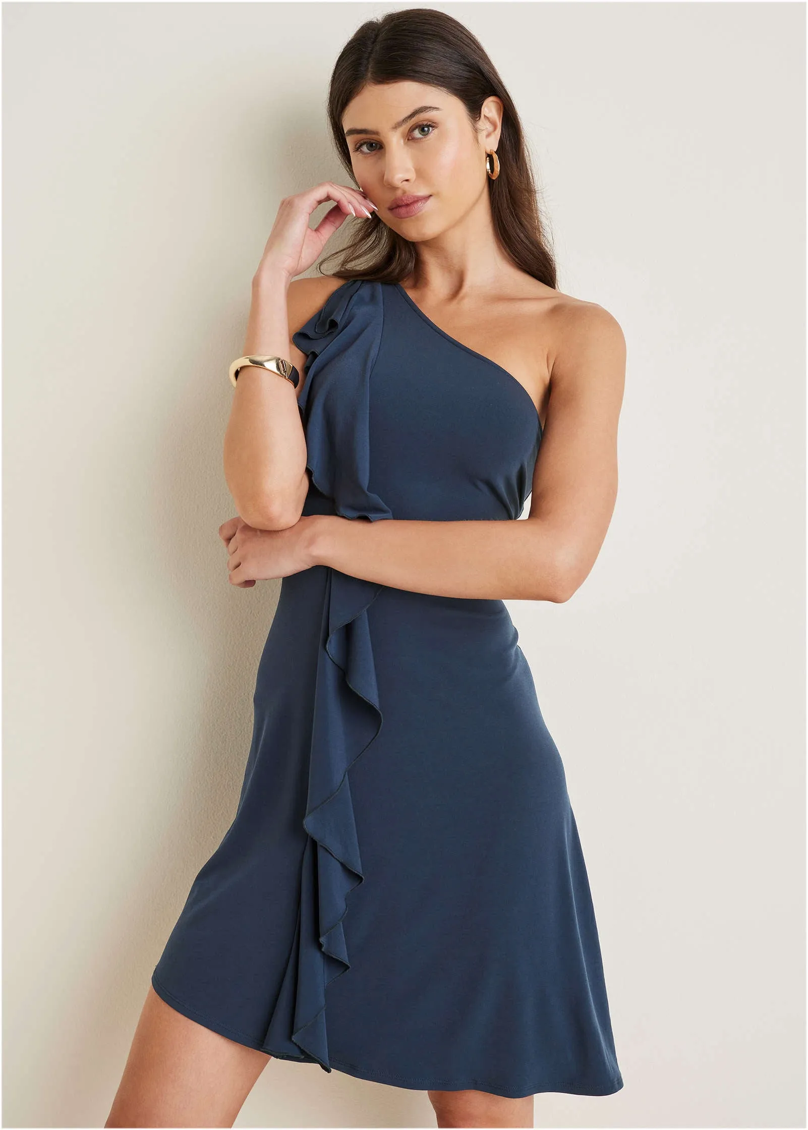 One-Shoulder Ruffle Detail Dress - Navy sold by VENUS