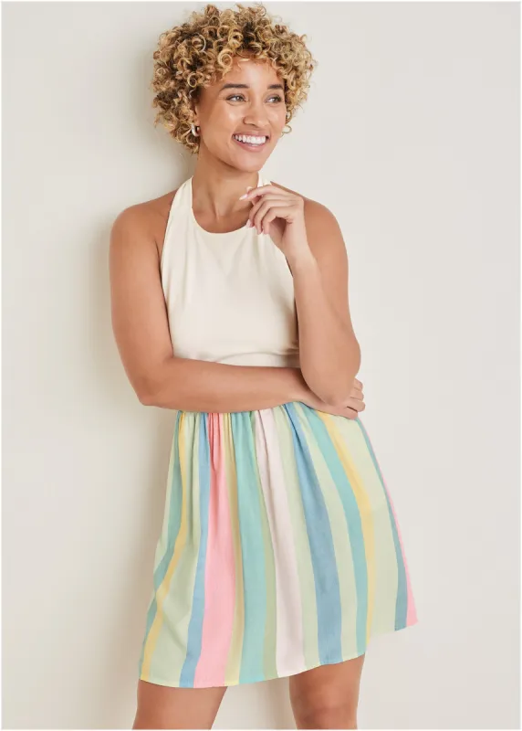 Stripe Halter Mini Dress - Boardwalk Stripe sold by VENUS