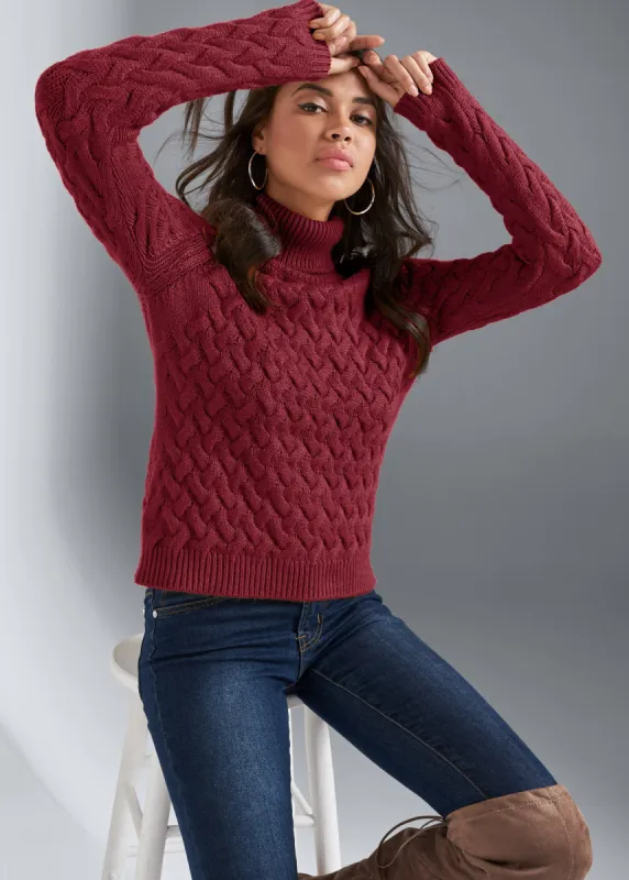 Cable Knit Turtleneck Sweater - Red sold by VENUS