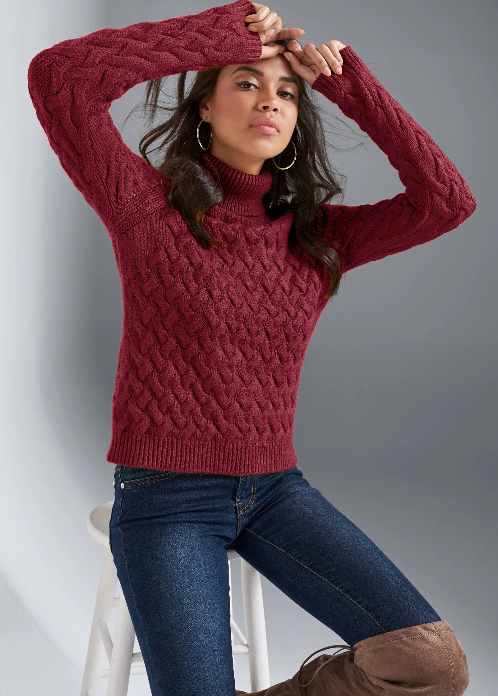 Cable Knit Turtleneck Sweater - Red sold by VENUS