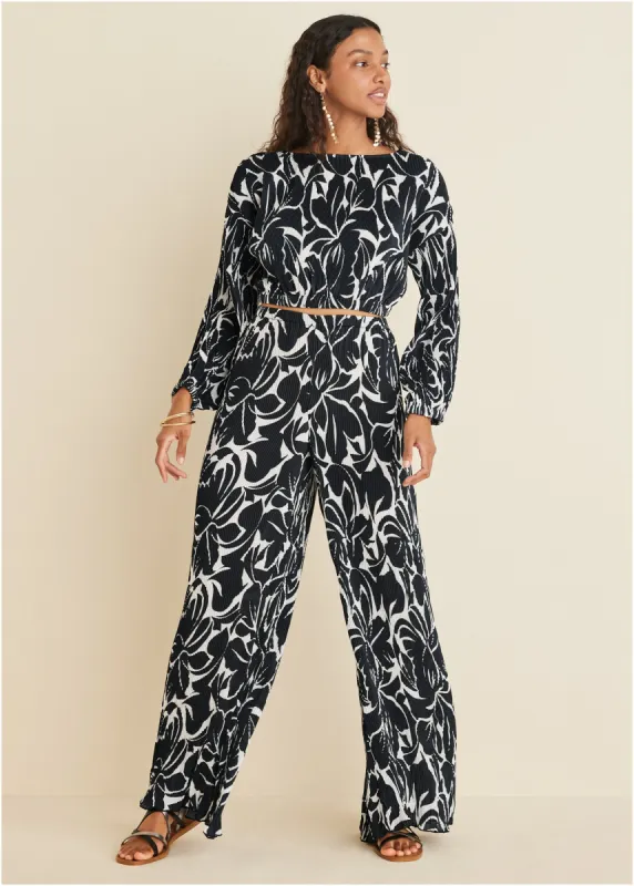 Plisse Wide Leg Pants - Woodcut Botanical sold by VENUS