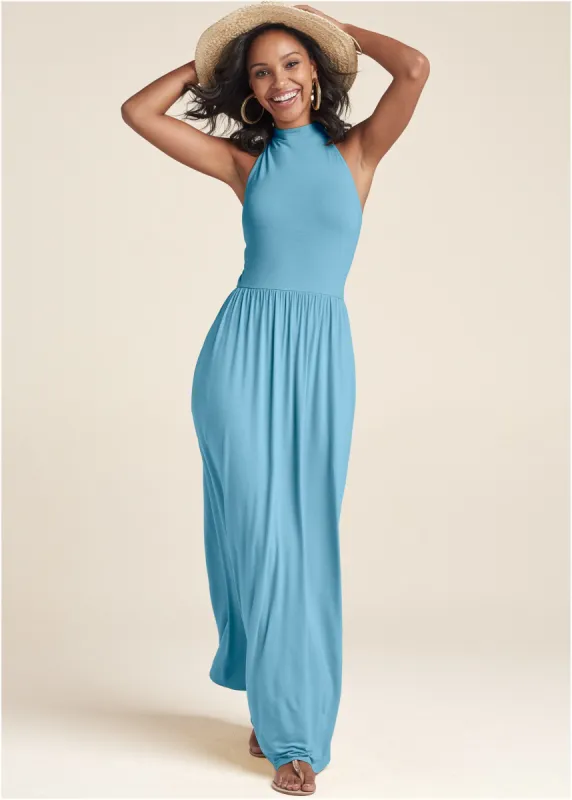 High Neck Maxi Dress - Blue sold by VENUS