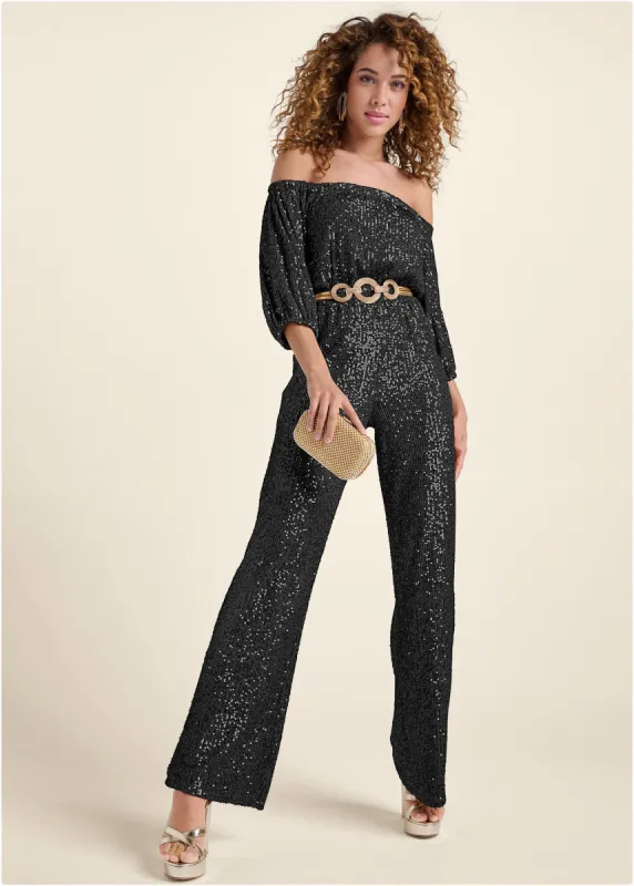 Off-Shoulder Sequin Jumpsuit - Black sold by VENUS