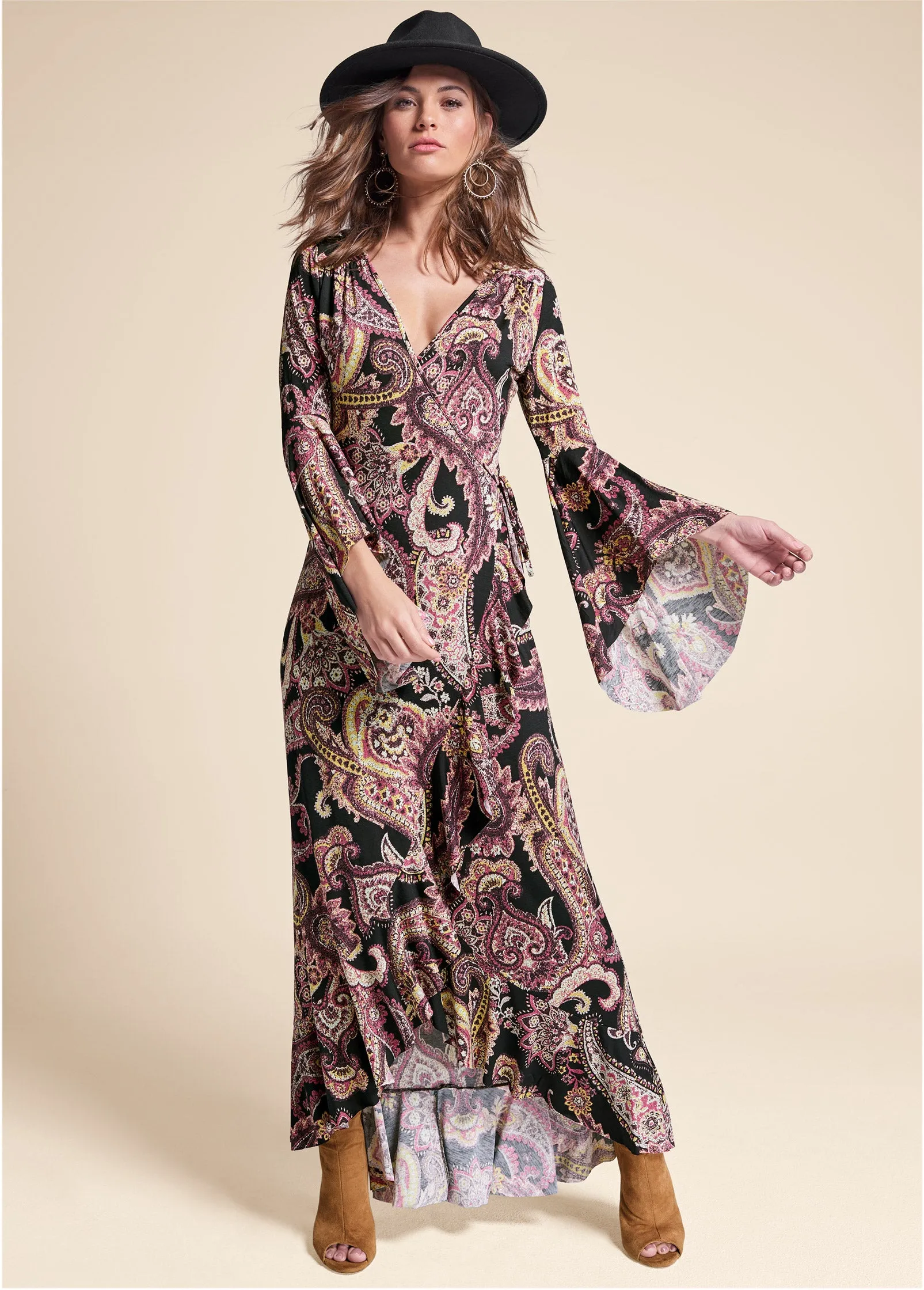 Paisley Wrap Maxi Dress - Black Multi sold by VENUS