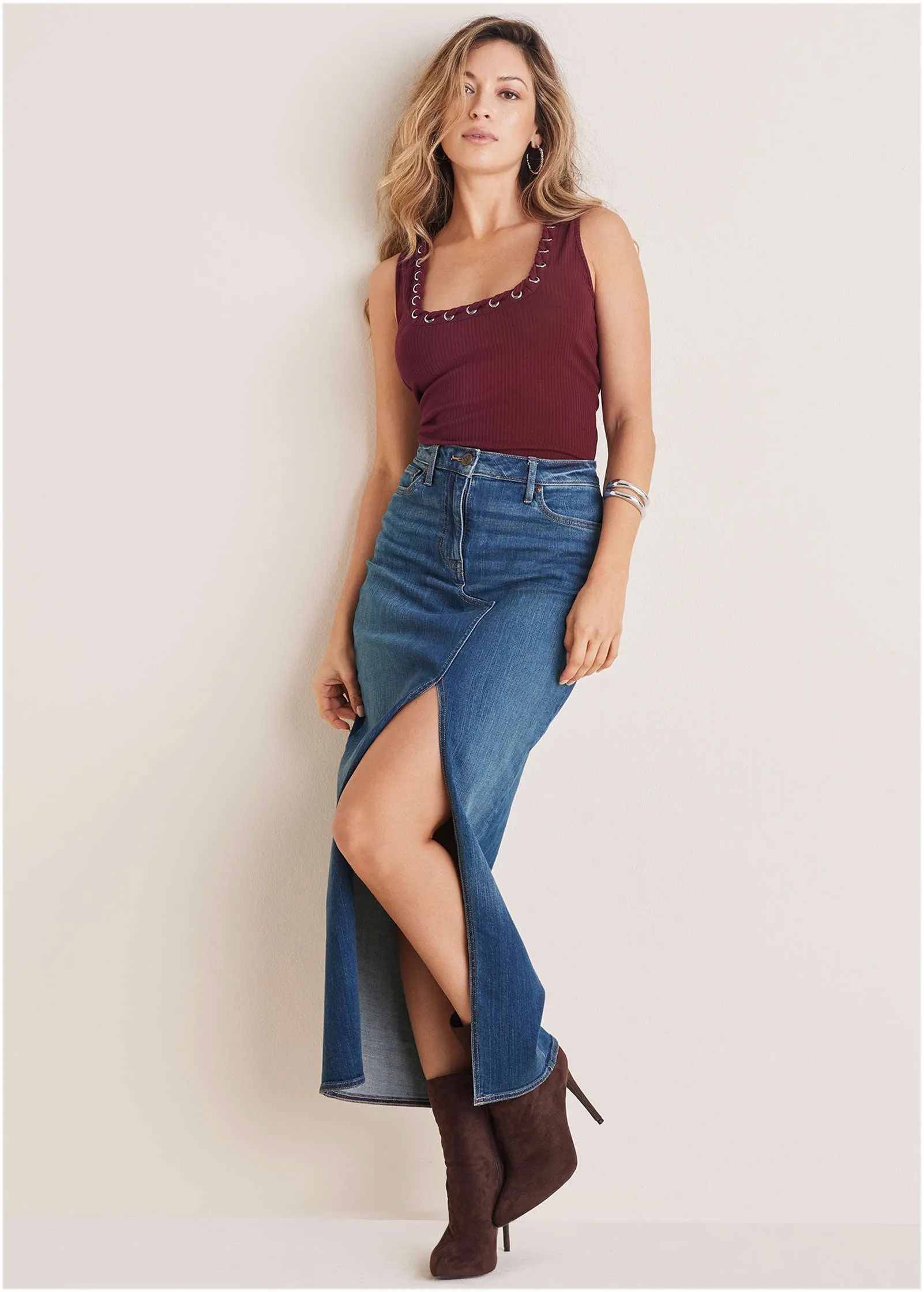 Lace-Up Square Neck Tank - Wine sold by VENUS