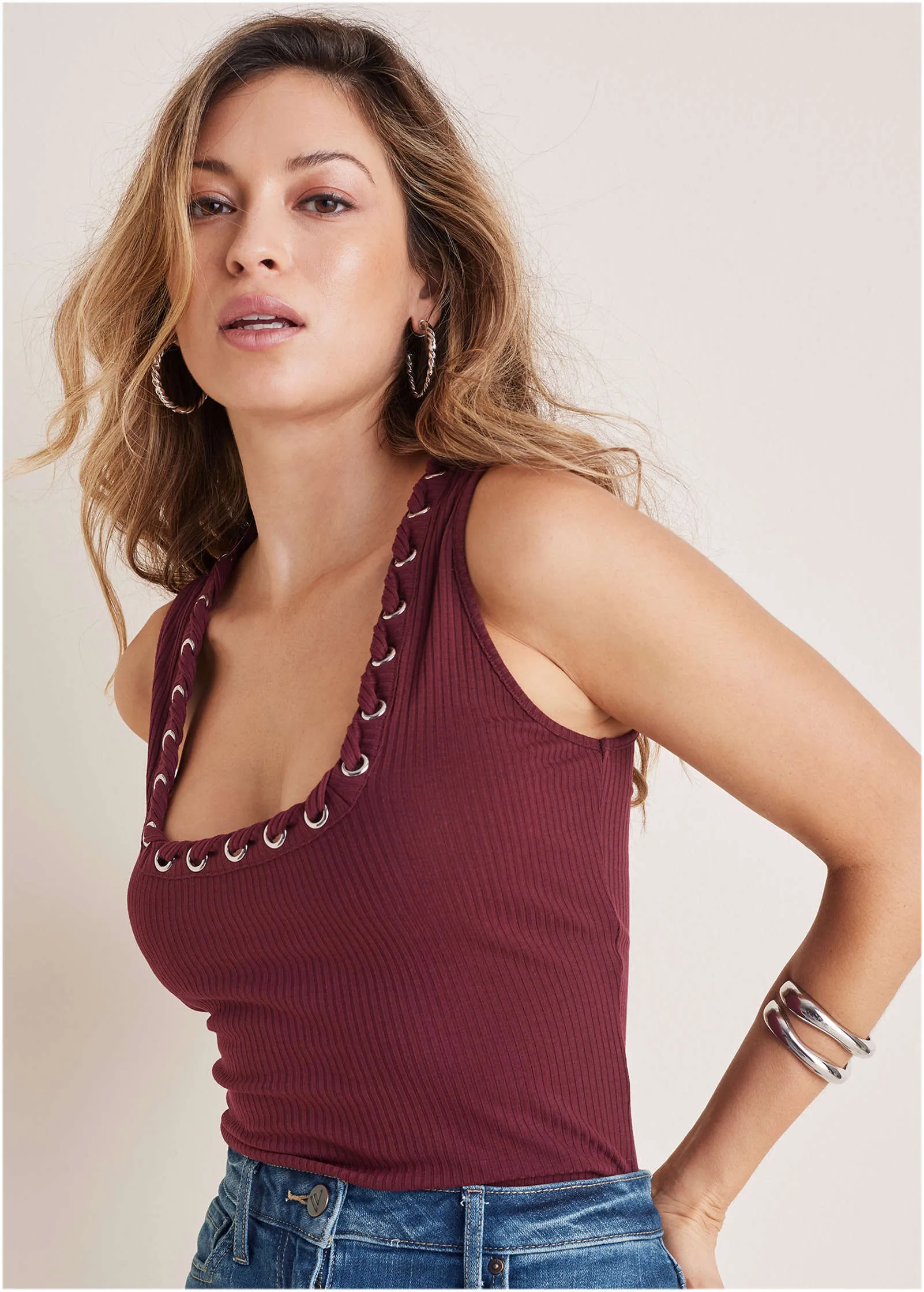 Lace-Up Square Neck Tank - Wine sold by VENUS product image thumbnail 2