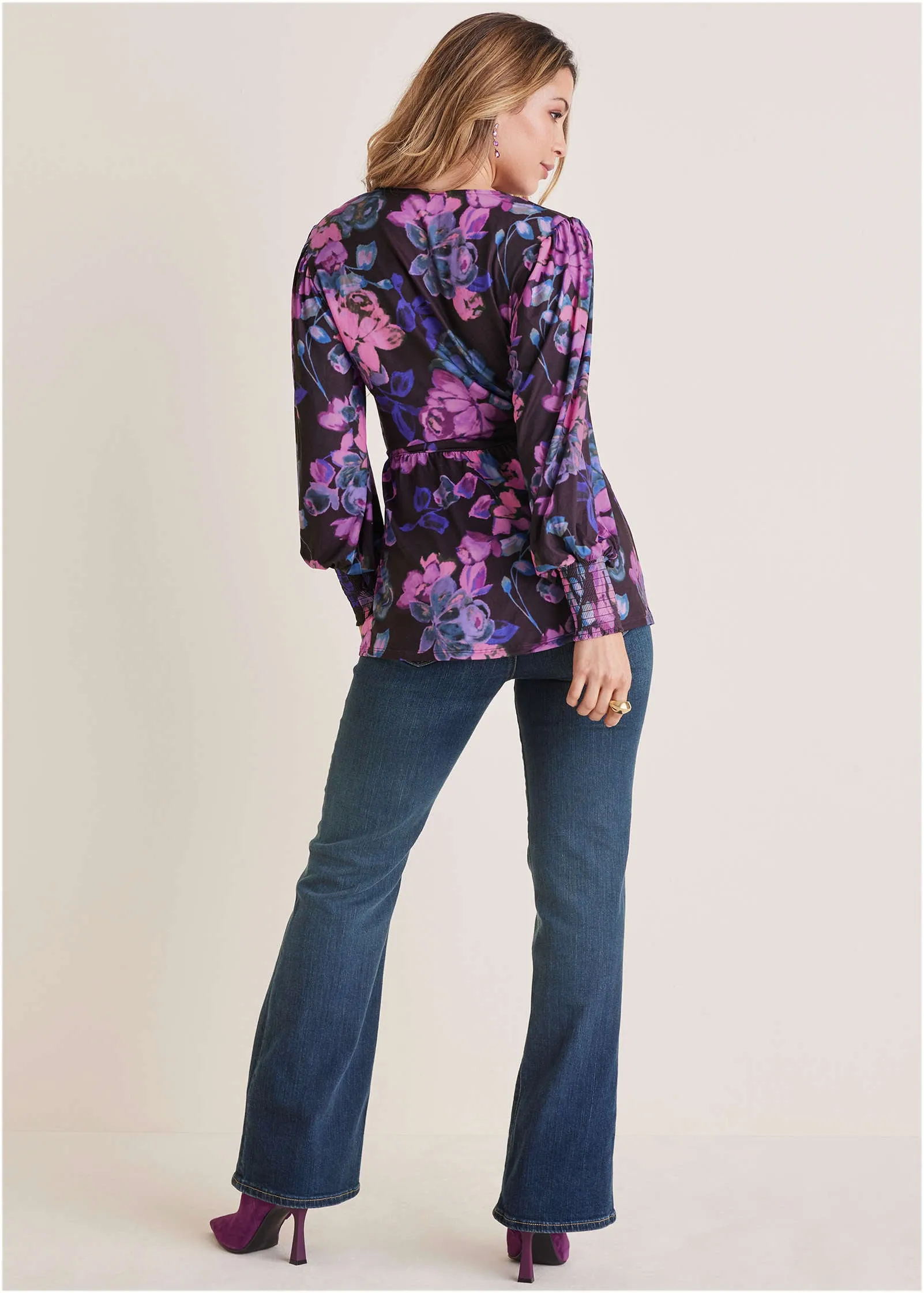 Balloon Sleeve Wrap Front Top - Electric Bouquet sold by VENUS product image thumbnail 2