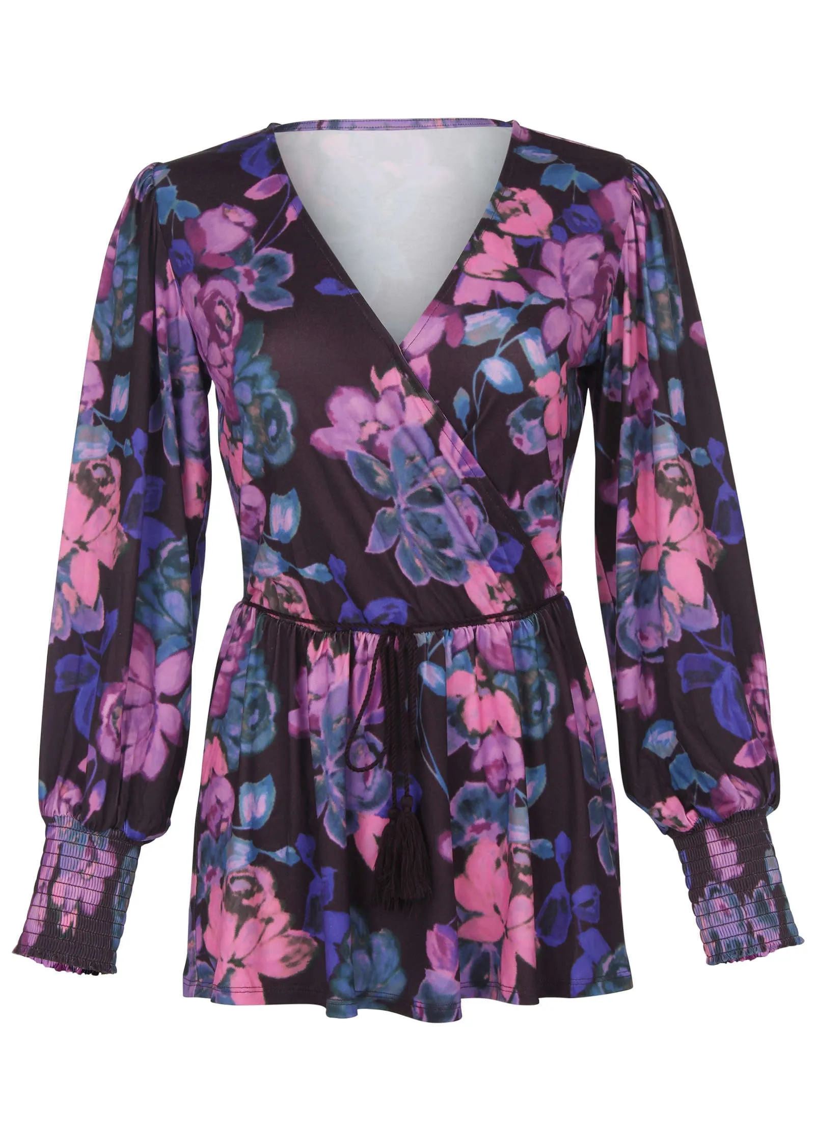 Balloon Sleeve Wrap Front Top - Electric Bouquet sold by VENUS product image thumbnail 4