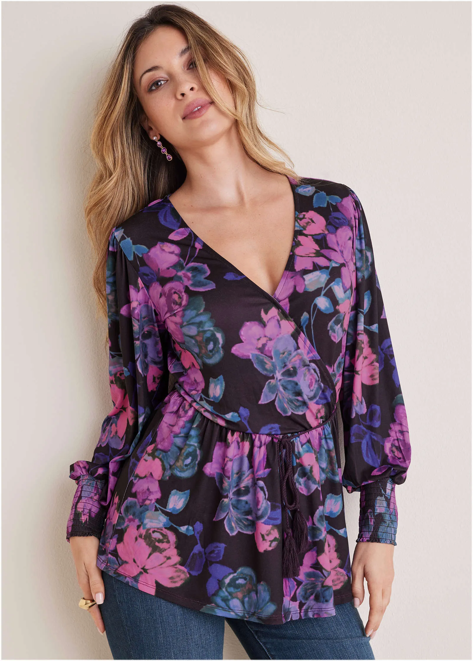 Balloon Sleeve Wrap Front Top - Electric Bouquet sold by VENUS