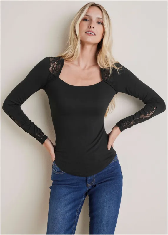 Lace Inset Long Sleeve Top - Black sold by VENUS