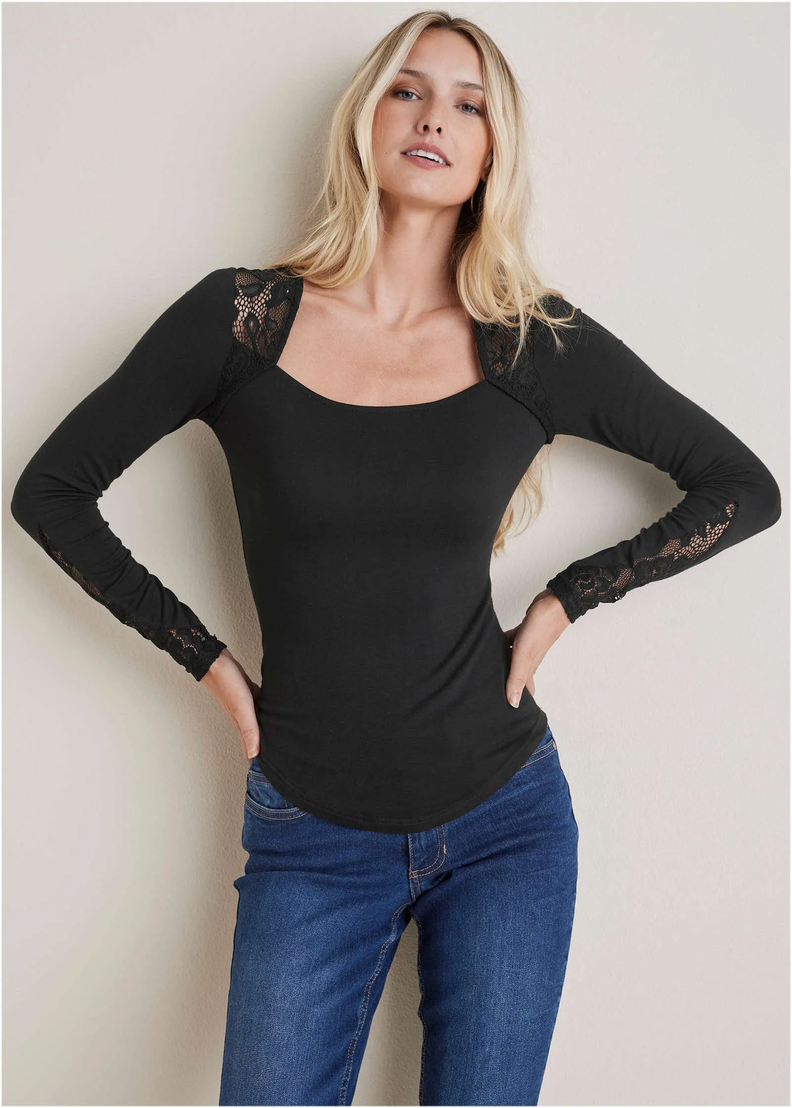Lace Inset Long Sleeve Top - Black sold by VENUS