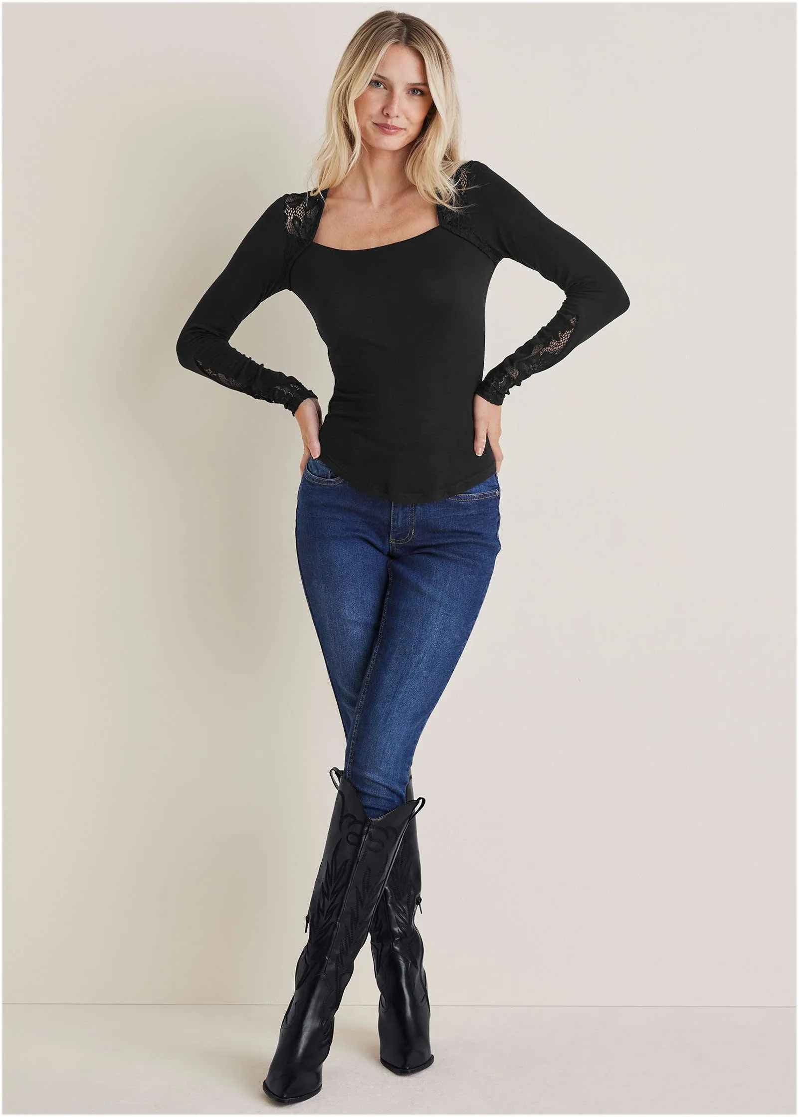 Lace Inset Long Sleeve Top - Black sold by VENUS product image thumbnail 3