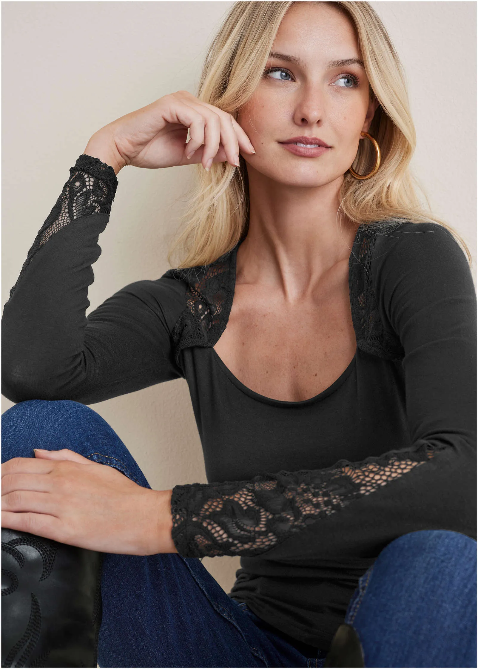Lace Inset Long Sleeve Top - Black sold by VENUS product image thumbnail 5