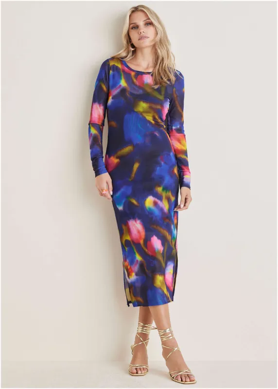 Mesh Midi Dress  - Watercolor Bouquet sold by VENUS