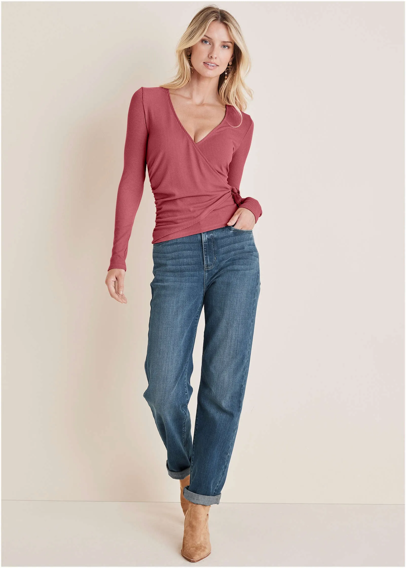Ribbed Wrap Long Sleeve Top - Mineral Red sold by VENUS product image thumbnail 2