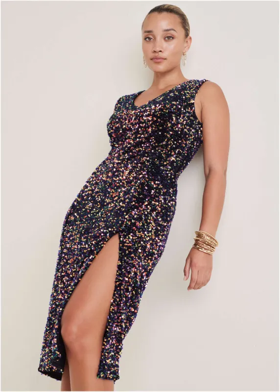 Plunge Sequin Midi Dress - Fantasy Sequins sold by VENUS