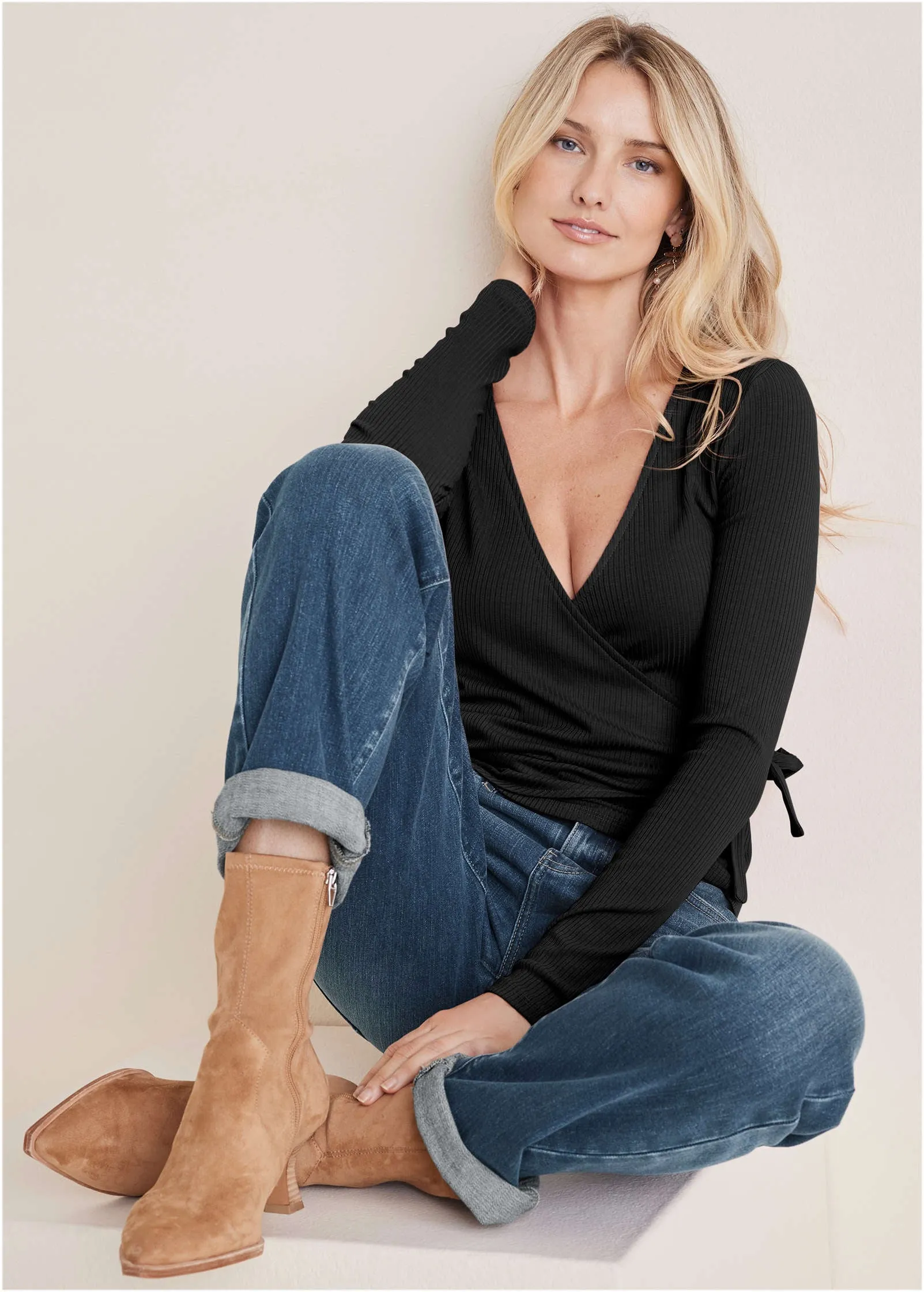 Ribbed Wrap Long Sleeve Top - Black sold by VENUS product image thumbnail 3