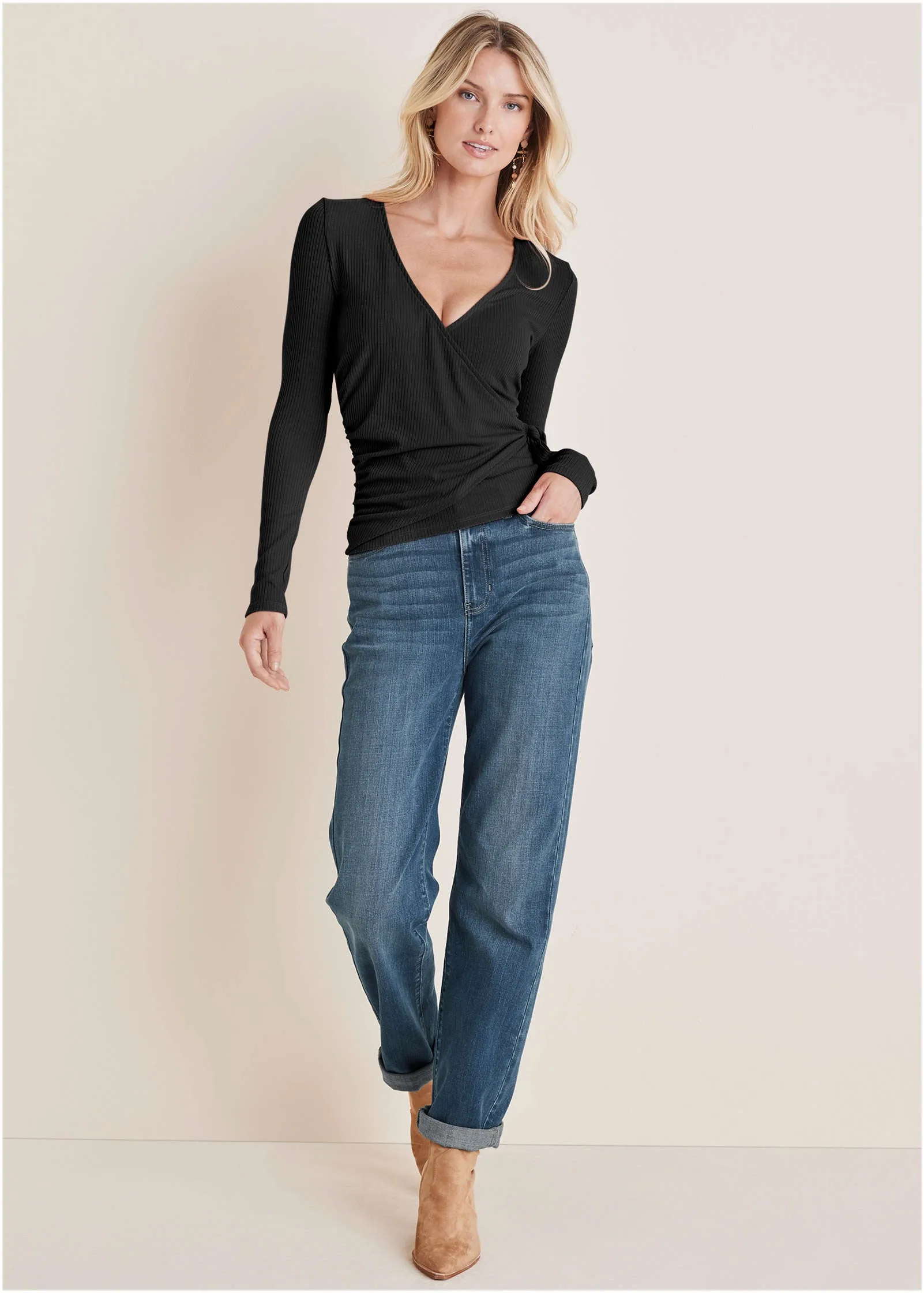 Ribbed Wrap Long Sleeve Top - Black sold by VENUS product image thumbnail 2