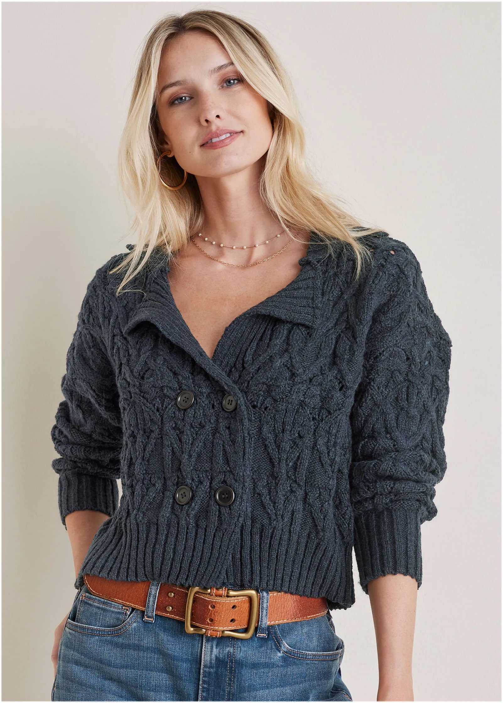 Cable Knit Cardigan - Navy sold by VENUS