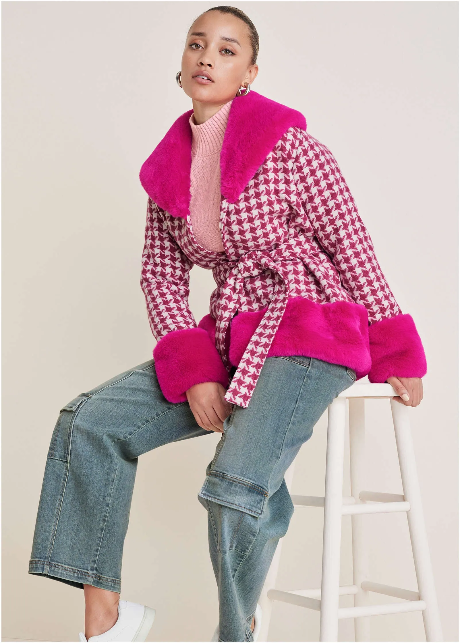 Printed Fur Trim Coat - Pink & White sold by VENUS product image thumbnail 3