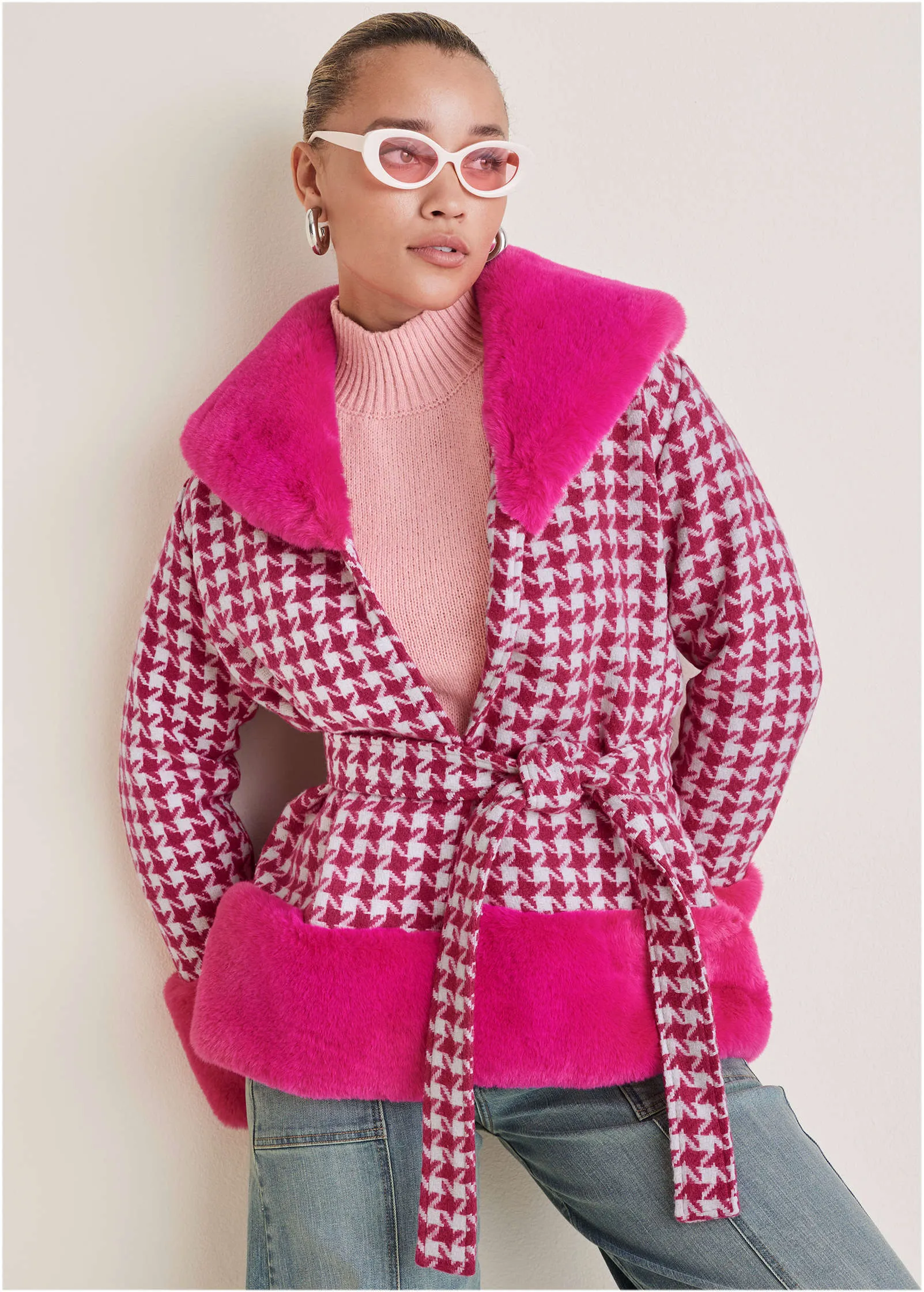 Printed Fur Trim Coat - Pink & White sold by VENUS