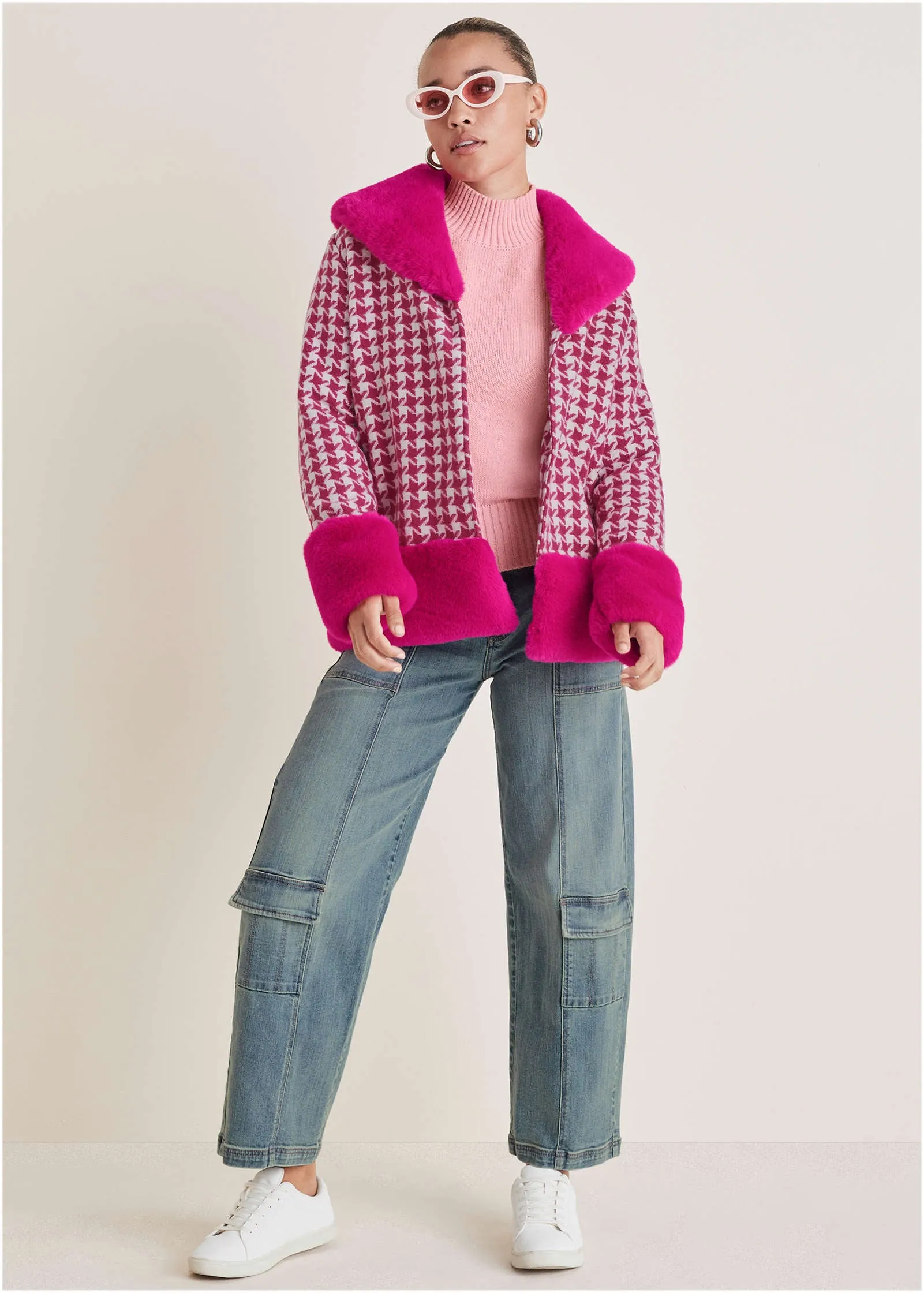 Printed Fur Trim Coat - Pink & White sold by VENUS product image thumbnail 2