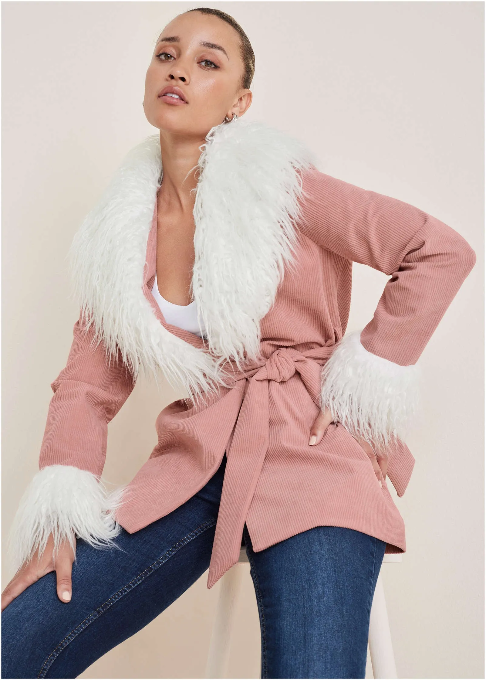 Corduroy Fur Trim Coat - Pink sold by VENUS product image thumbnail 4