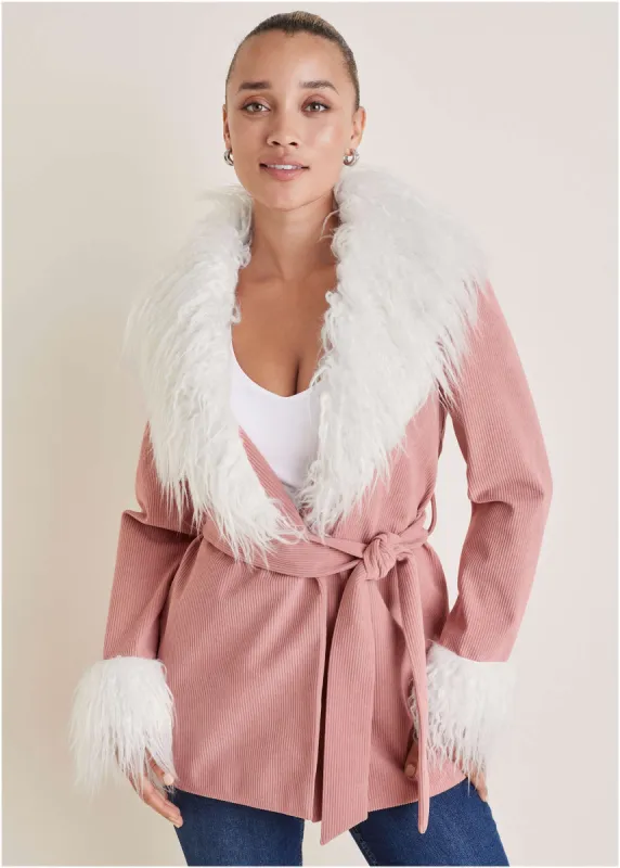 Corduroy Fur Trim Coat - Pink sold by VENUS