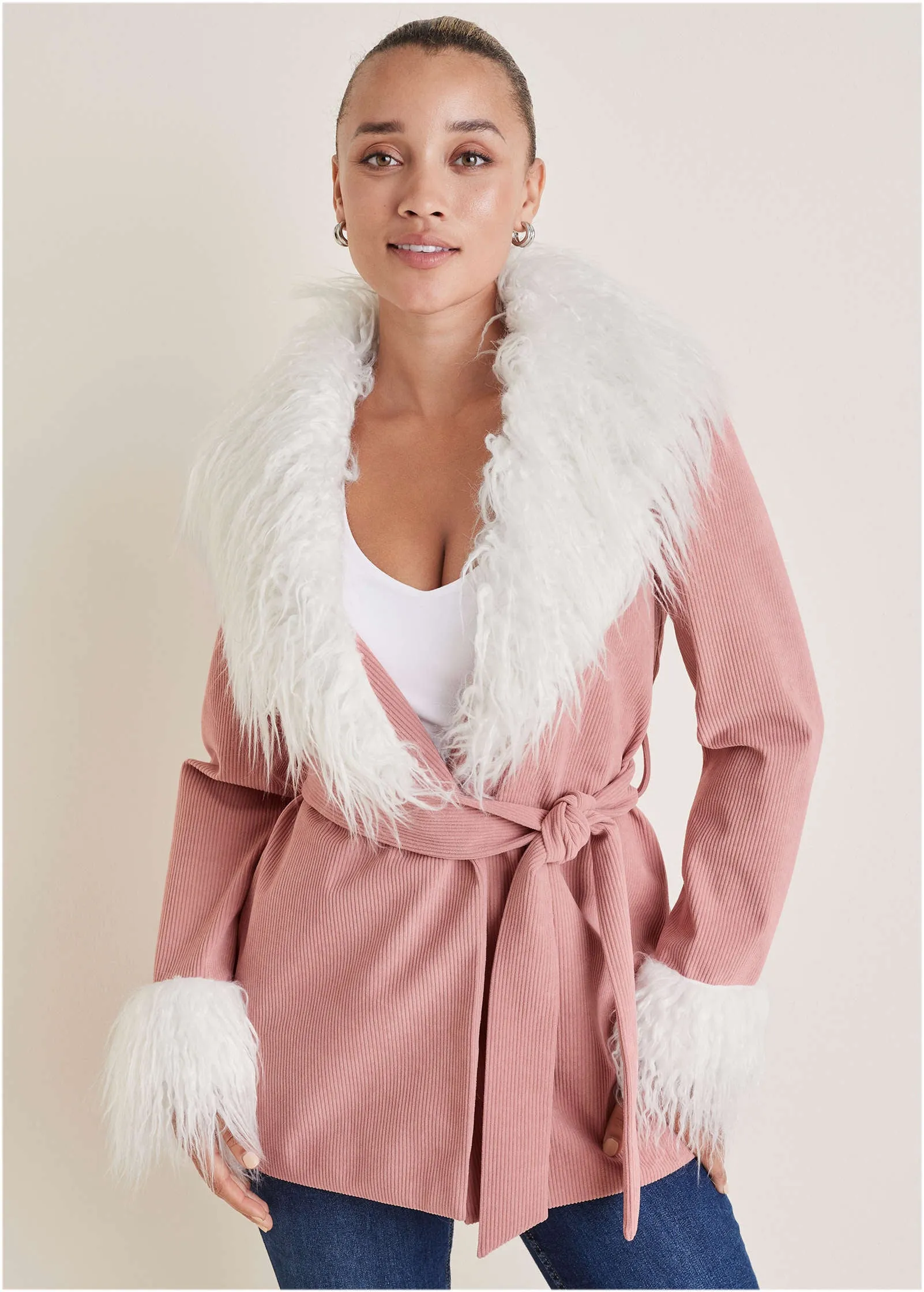 Corduroy Fur Trim Coat - Pink sold by VENUS