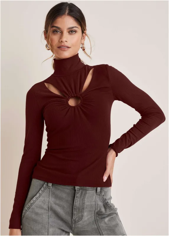 Mock Neck Cutout Top - Wine sold by VENUS