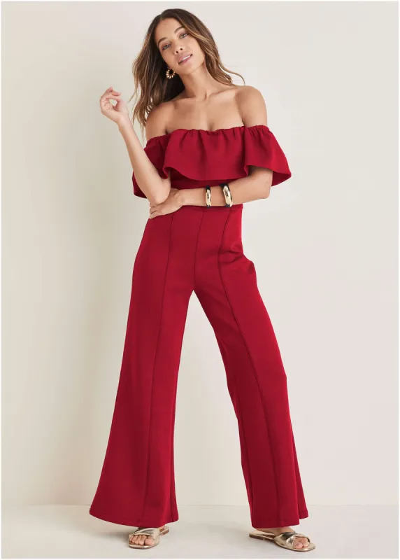 Off The Shoulder Jumpsuit - Haute Red sold by VENUS