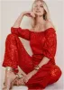 Off-Shoulder Sequin Jumpsuit - Goji Berry sold by VENUS