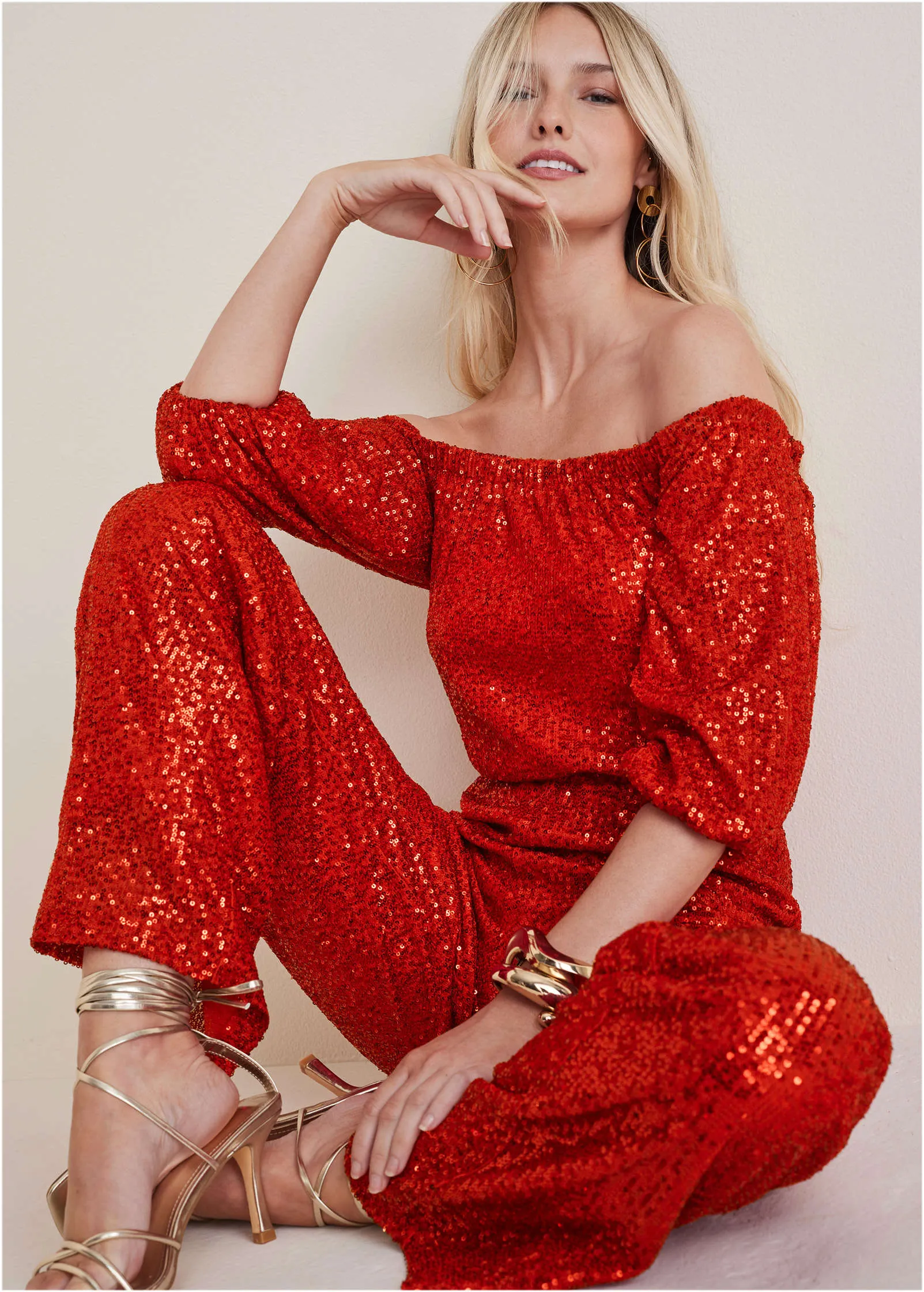 Off-Shoulder Sequin Jumpsuit - Goji Berry sold by VENUS