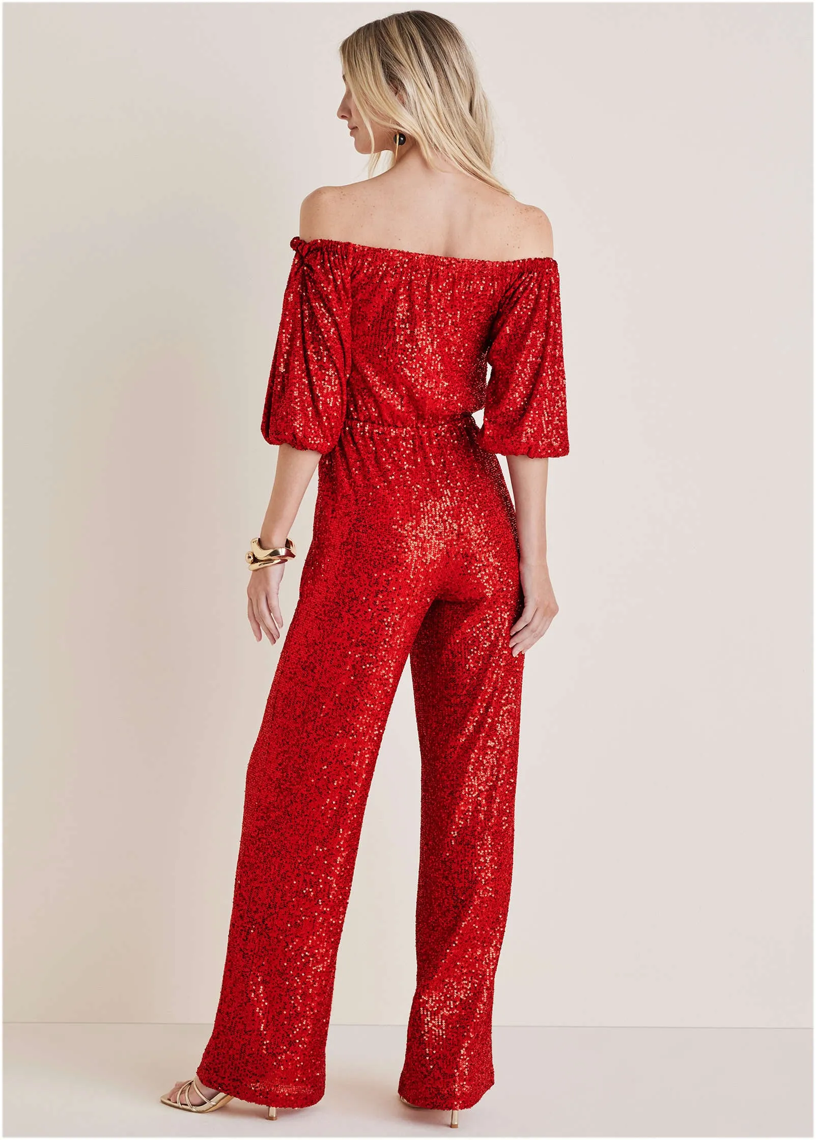 Off-Shoulder Sequin Jumpsuit - Goji Berry sold by VENUS product image thumbnail 2