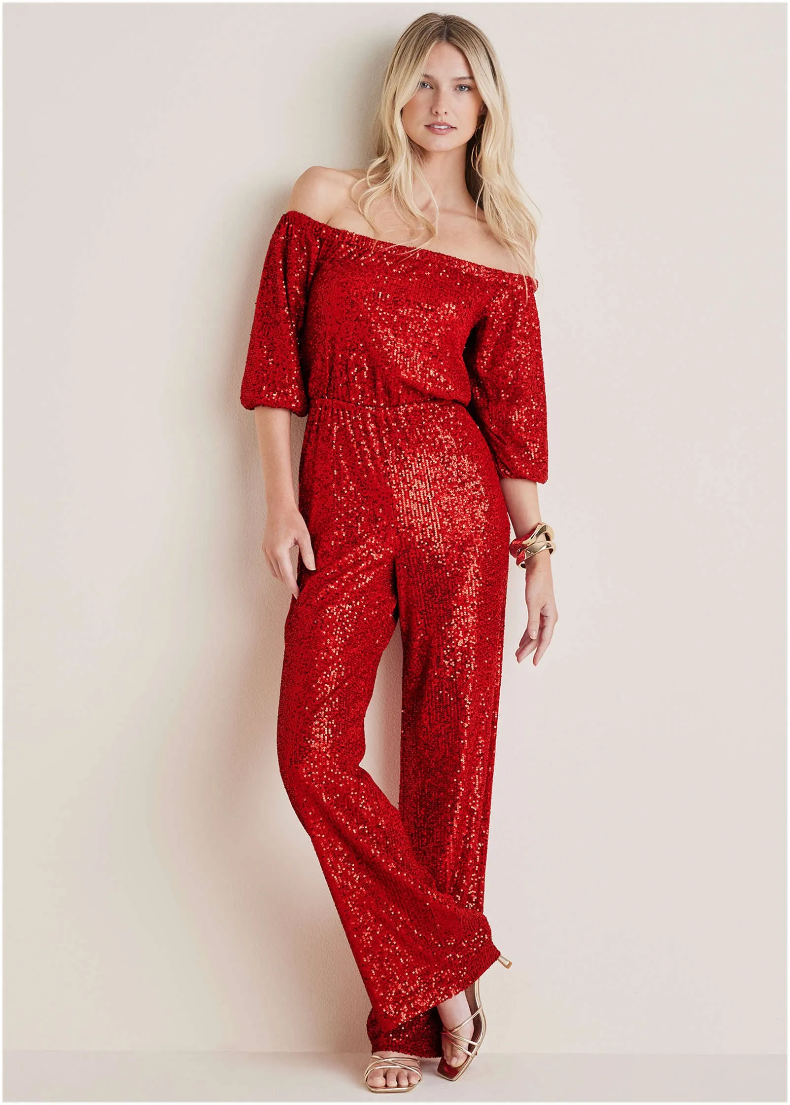 Off-Shoulder Sequin Jumpsuit - Goji Berry sold by VENUS product image thumbnail 3